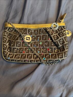 Fendi Brown Monogram Small Evening Bag, Metallic Gold Trim and Multicolor Studs